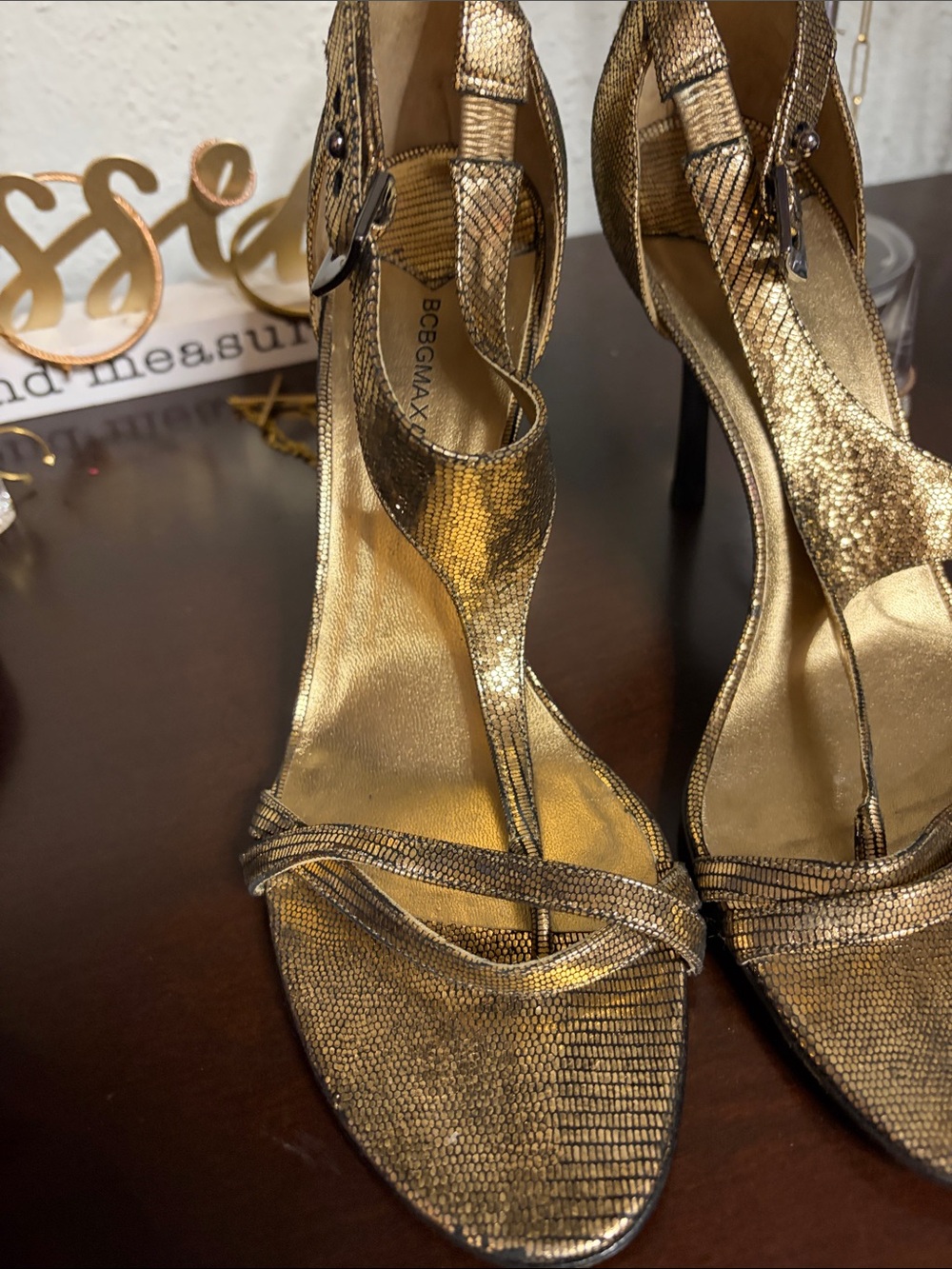 BCBGMaxAzria Gold Metallic Strappy T‑Bar Stiletto Sandals